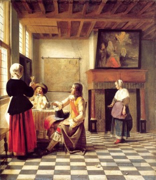  trinken Kunst - eine Frau trinkt mit zwei Männern und einer Serving Frau genre Pieter de Hooch